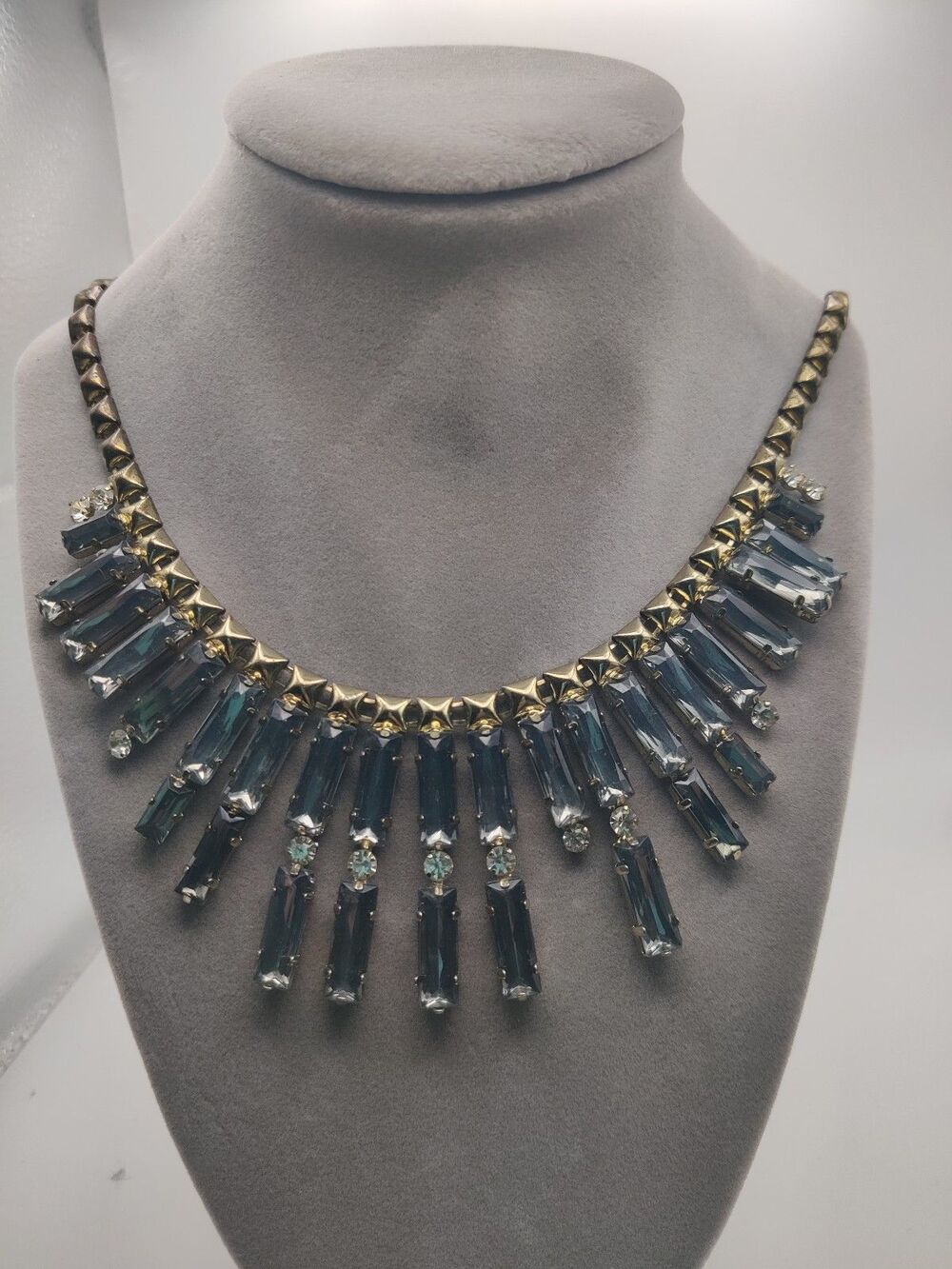 Vintage Blue Crystal Fringe Statement Necklace Gold/brass Tone 20 Inch